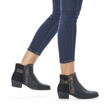 Load image into Gallery viewer, Rieker Black Leather &amp; Suede Buckle Trim Heeled Ankle Boot
