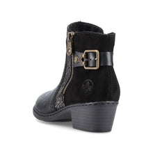 Load image into Gallery viewer, Rieker Black Leather &amp; Suede Buckle Trim Heeled Ankle Boot
