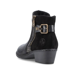Rieker Black Leather & Suede Buckle Trim Heeled Ankle Boot