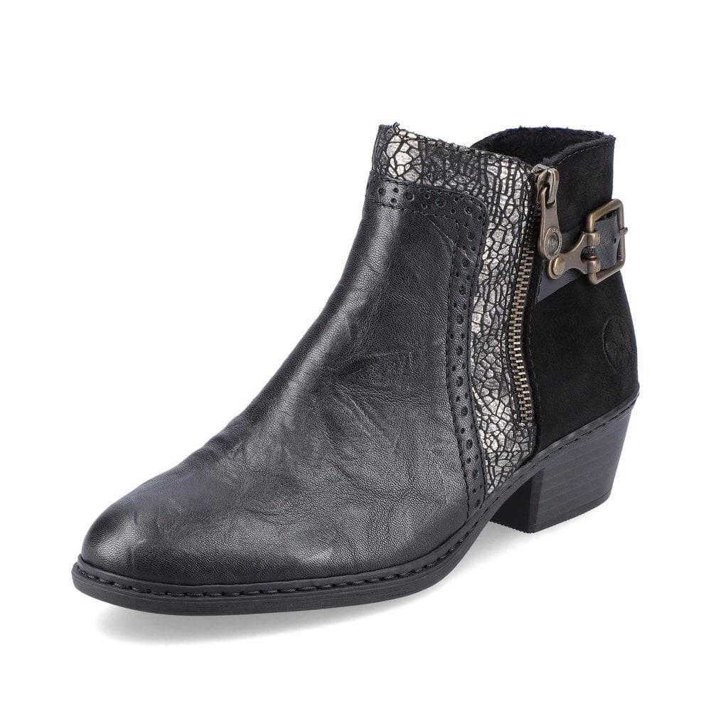 Rieker Black Leather & Suede Buckle Trim Heeled Ankle Boot
