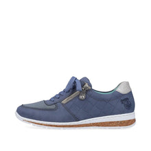 Load image into Gallery viewer, Rieker Blue Scuba Quilted Fabric Zip &amp; Lace Trainer Cork Trim Trainer
