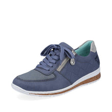 Load image into Gallery viewer, Rieker Blue Scuba Quilted Fabric Zip &amp; Lace Trainer Cork Trim Trainer
