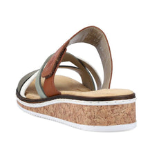 Load image into Gallery viewer, Rieker Brown &amp; Green Multi Strap With Velcro Slip On Mule Sandal With Cork Trim
