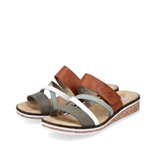 Load image into Gallery viewer, Rieker Brown &amp; Green Multi Strap With Velcro Slip On Mule Sandal With Cork Trim
