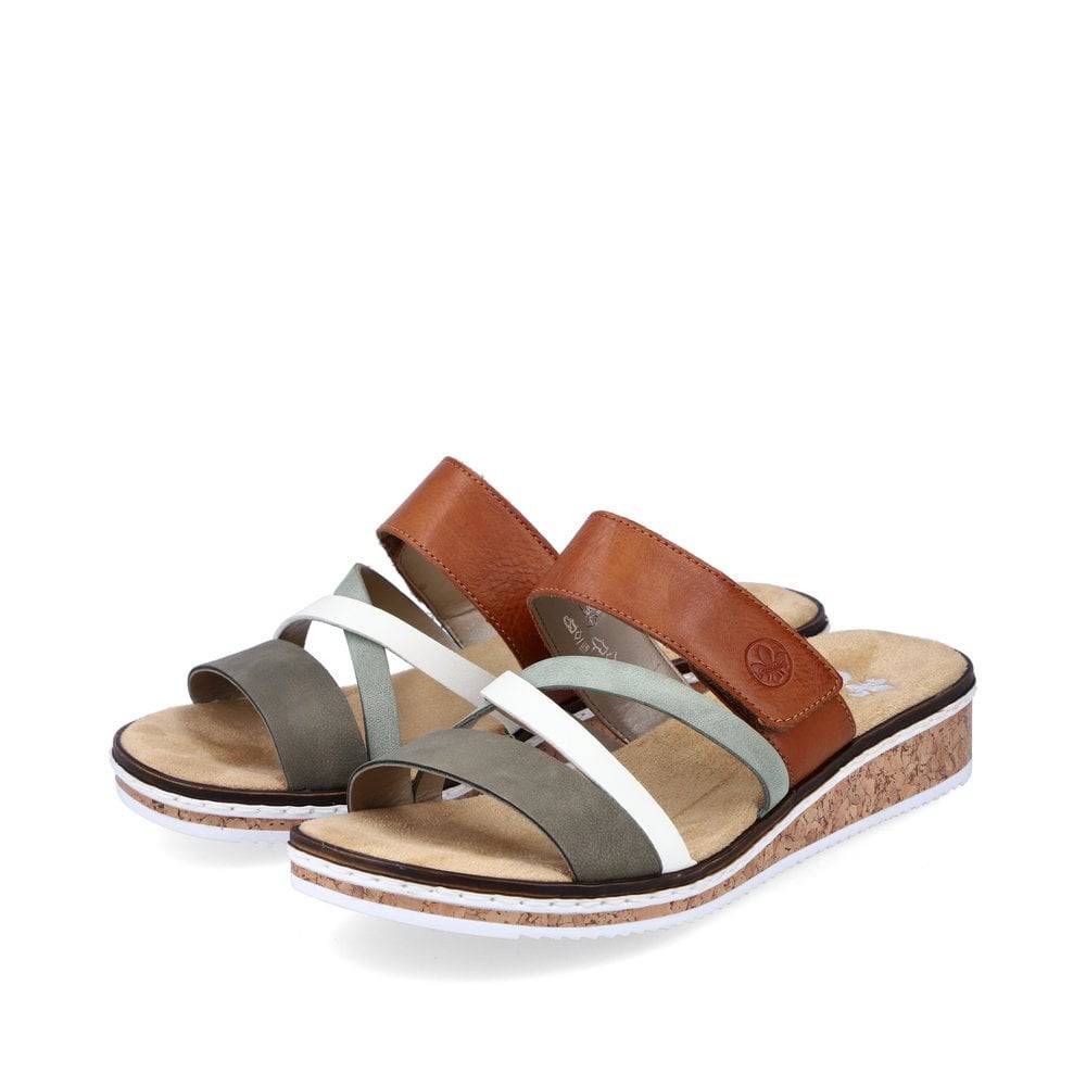Rieker Brown & Green Multi Strap With Velcro Slip On Mule Sandal With Cork Trim