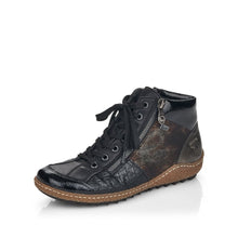 Load image into Gallery viewer, Rieker Black Patent &amp; Shimmer Trim Lace Up &amp; Zip High Top Trainer Boot - Boutique on the Green 
