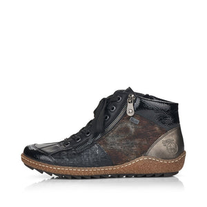 Rieker Black Patent & Shimmer Trim Lace Up & Zip High Top Trainer Boot - Boutique on the Green 
