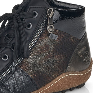 Rieker Black Patent & Shimmer Trim Lace Up & Zip High Top Trainer Boot - Boutique on the Green 