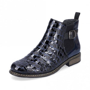Rieker Leather Navy Patent Moc Croc Chelsea Style Ankle Boot