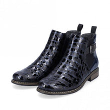 Load image into Gallery viewer, Rieker Leather Navy Patent Moc Croc Chelsea Style Ankle Boot
