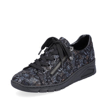 Load image into Gallery viewer, Rieker Black Metallic Floral Embossed Lace Up &amp; Zip Trainer - Boutique on the Green 
