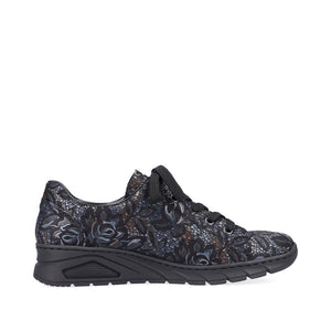 Rieker Black Metallic Floral Embossed Lace Up & Zip Trainer - Boutique on the Green 