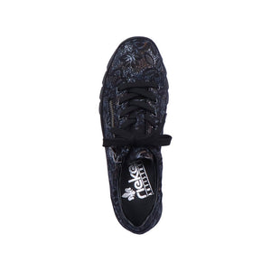 Rieker Black Metallic Floral Embossed Lace Up & Zip Trainer - Boutique on the Green 