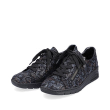 Load image into Gallery viewer, Rieker Black Metallic Floral Embossed Lace Up &amp; Zip Trainer - Boutique on the Green 
