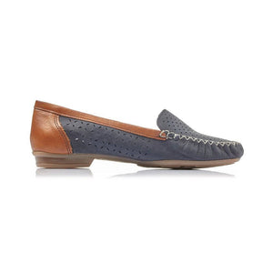 Rieker Suede Leather Navy & Tan Punch Out Slip On Moccasin