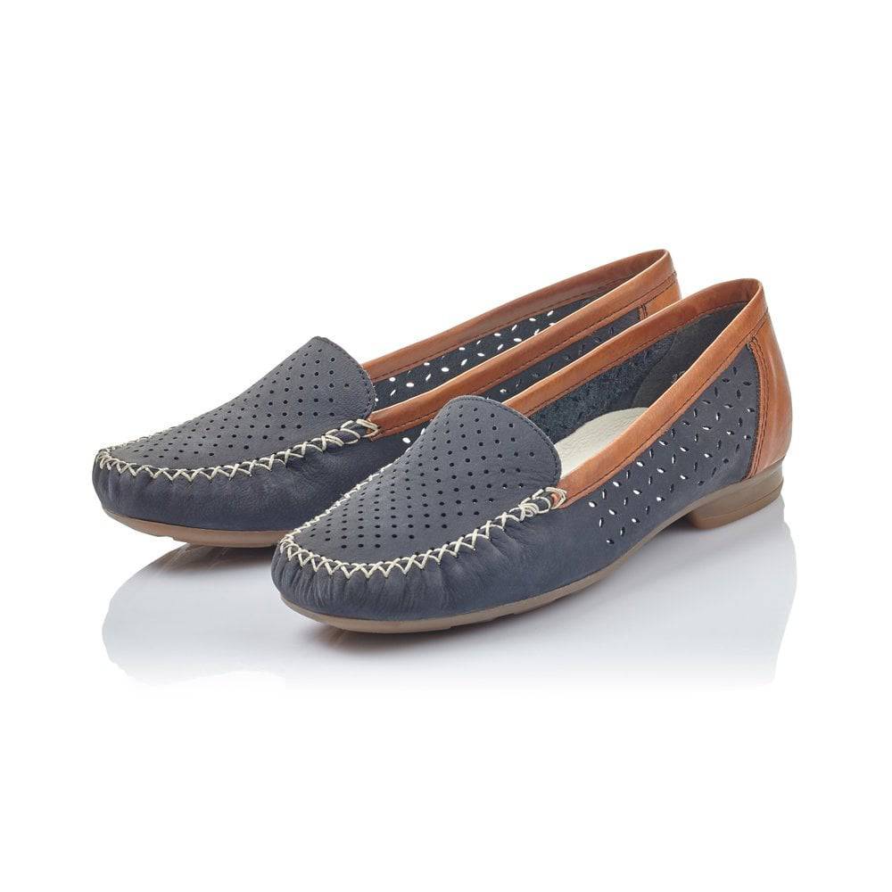 Rieker Suede Leather Navy & Tan Punch Out Slip On Moccasin