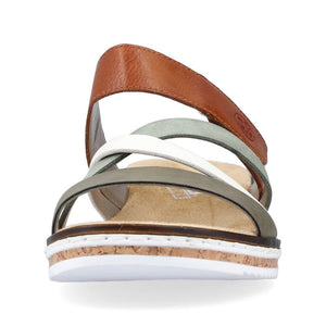 Rieker Brown & Green Multi Strap With Velcro Slip On Mule Sandal With Cork Trim - Boutique on the Green 