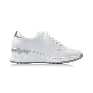 Rieker White & Silver Trim Wedge Trainer With Zip & Lace