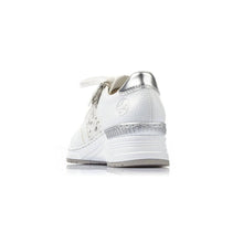 Load image into Gallery viewer, Rieker White &amp; Silver Trim Wedge Trainer With Zip &amp; Lace
