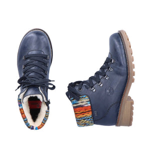 Rieker Blue Water Repellent Lace Up Boot With Multi Coloured Trim - Boutique on the Green 