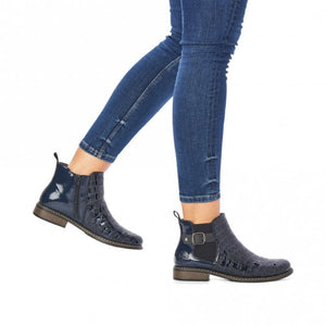 Rieker Leather Navy Patent Moc Croc Chelsea Style Ankle Boot - Boutique on the Green 