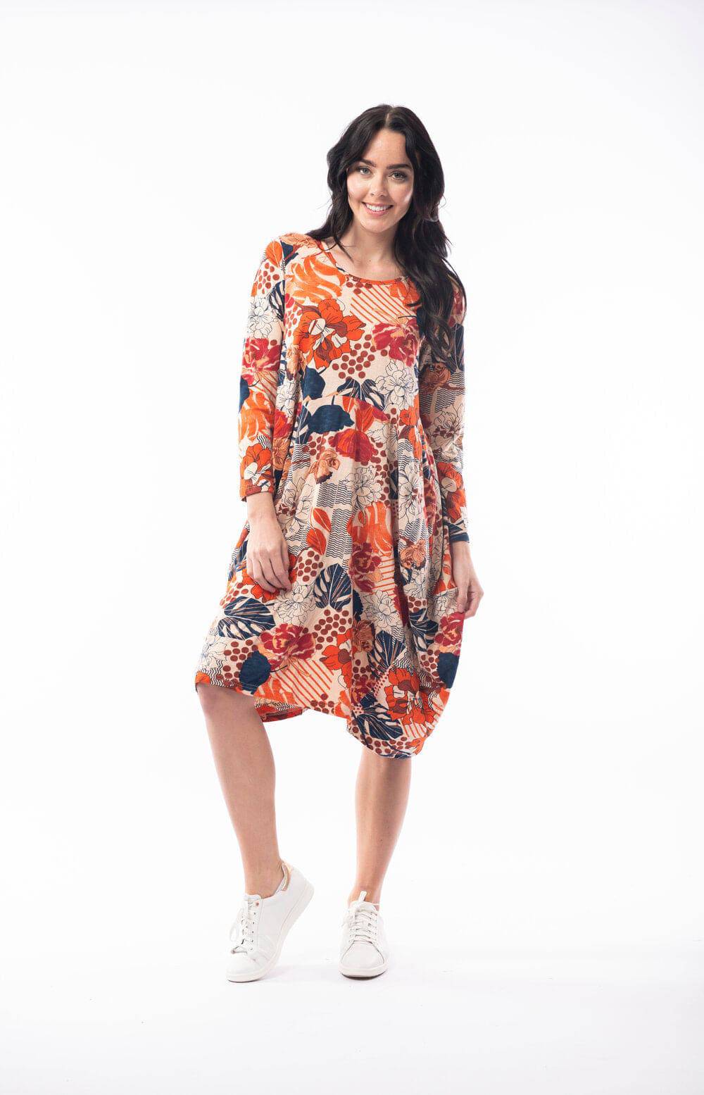 Orientique Brontes Indigo & Rust Mix Pure Cotton Jersey 3/4 Sleeve Panel Bubble Dress - Boutique on the Green 