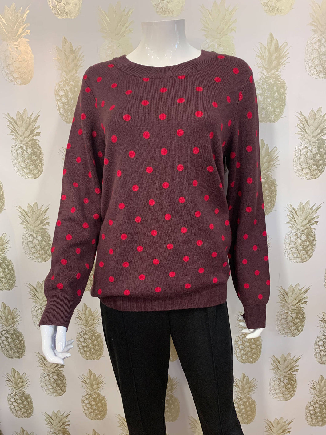 Saint Tropez Black & Burgundy polka dot knitted loose fit jumper with ribbed neck, hem & cuffs - Boutique on the Green 