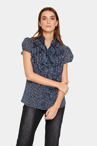 Saint Tropez Lillysz Night Sky Ditsy Floral Semi Sheer Multi Ruffle Front Button Through Woven Shirt
