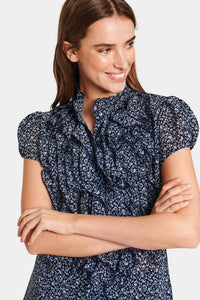 Saint Tropez Lillysz Night Sky Ditsy Floral Semi Sheer Multi Ruffle Front Button Through Woven Shirt