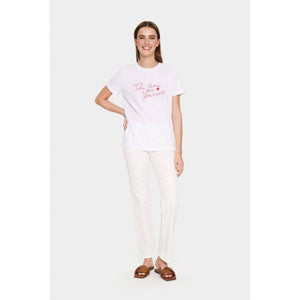 Saint Tropez Tovasz Bright White 100% Cotton Front Slogan Short Sleeve T-Shirt
