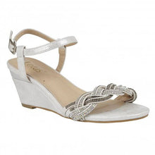 Load image into Gallery viewer, Lotus silver shimmer diamante plaited detail mid wedge sandal
