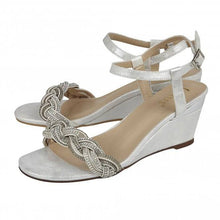 Load image into Gallery viewer, Lotus silver shimmer diamante plaited detail mid wedge sandal
