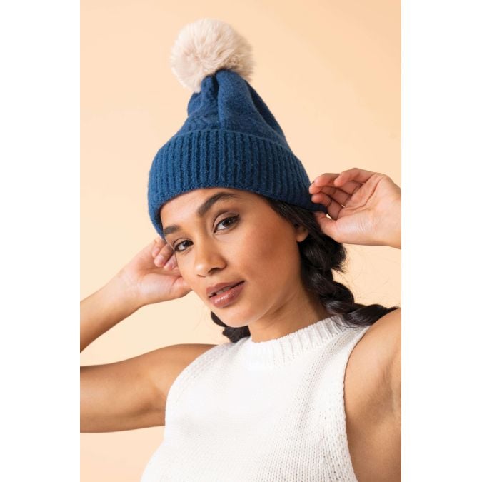 Powder Kintted & Ribbed Ingrid Bobble Hat - Navy & Mist - Boutique on the Green 