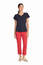 Load image into Gallery viewer, Foil Signature Fuss Free Plain Capri Trousers in Poppy red, 7/8 stretch trapeze style, flat waistband, casual and comfortable fit.
