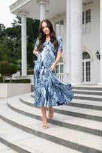 Load image into Gallery viewer, Orientique Agios Blue Palm Print Crinkled Short Sleeve Godet Midi Dress - Boutique on the Green 

