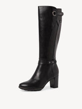 Load image into Gallery viewer, Tamaris Black Leather Mix Knee High Heeled Boot With Trims

