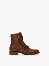 Load image into Gallery viewer, Tamaris Mix Leather Cognac &amp; Snake Lace Up Flat Ankle Boot
