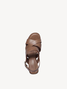 Tamaris Nut Leather Multi Strap Open Toe Wooden Block Heel Sandal