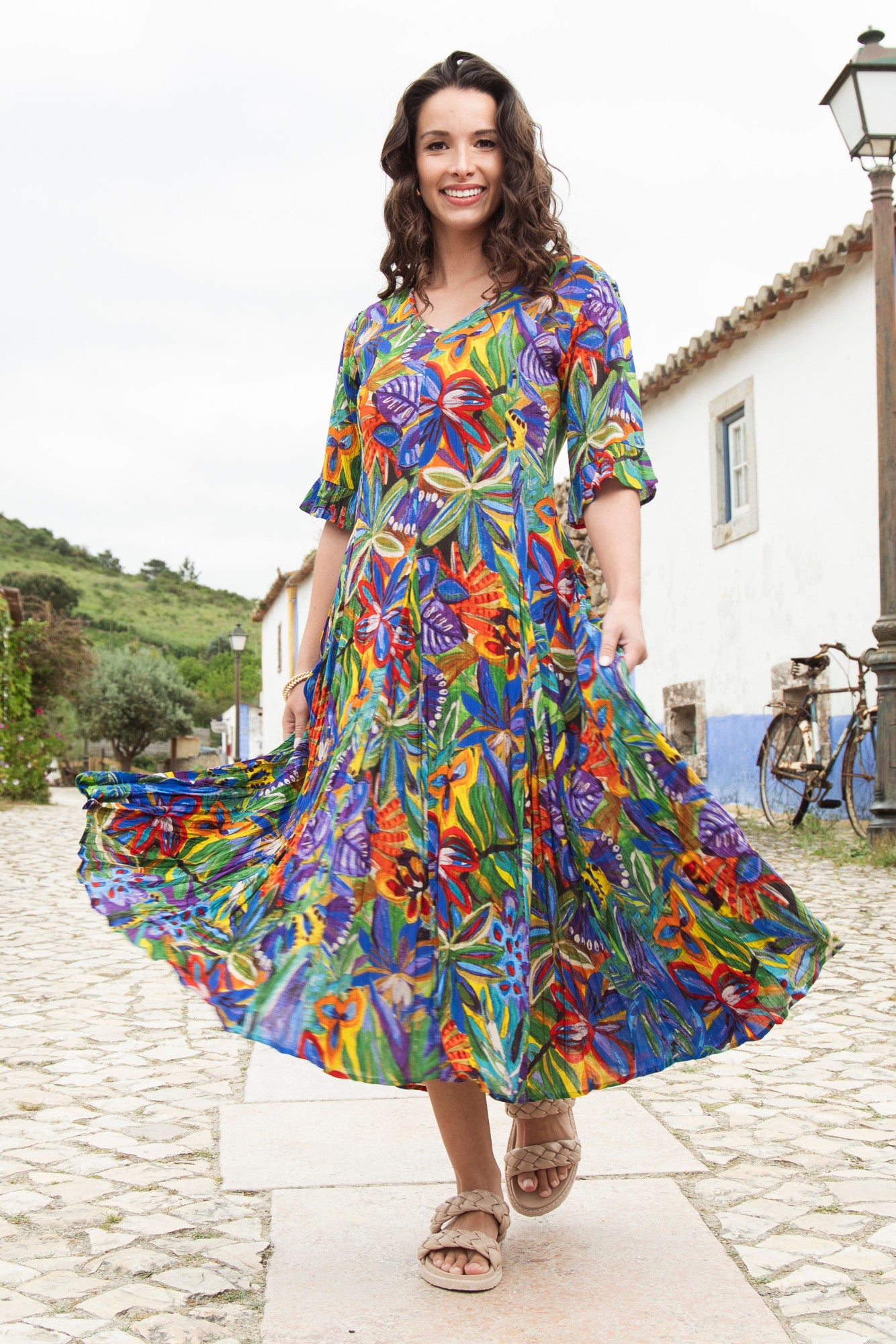 Orientique Zapallar Print Crinkle Short Sleeve Godet Midi Dress