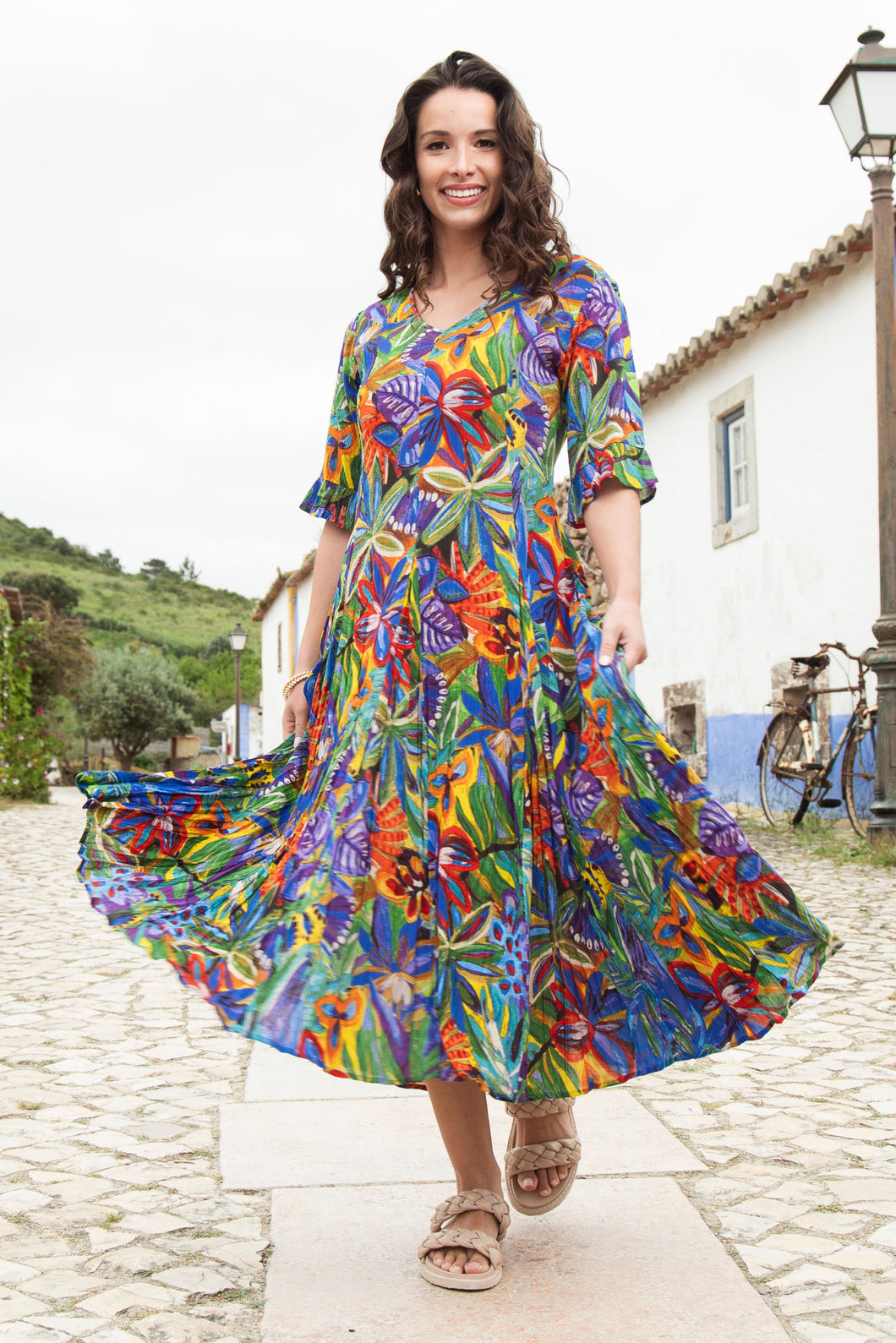 Orientique Zapallar Print Crinkle Short Sleeve Godet Midi Dress 81360