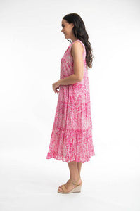 Orientique Leros Fushia Printed Organic Cotton Sleeveless Crinkle Woven Dress With Tassels - Boutique on the Green 