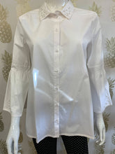 Load image into Gallery viewer, White woven long line shirt with pearl trim collar &amp; fluted 3/4 sleeve with pearl trim
