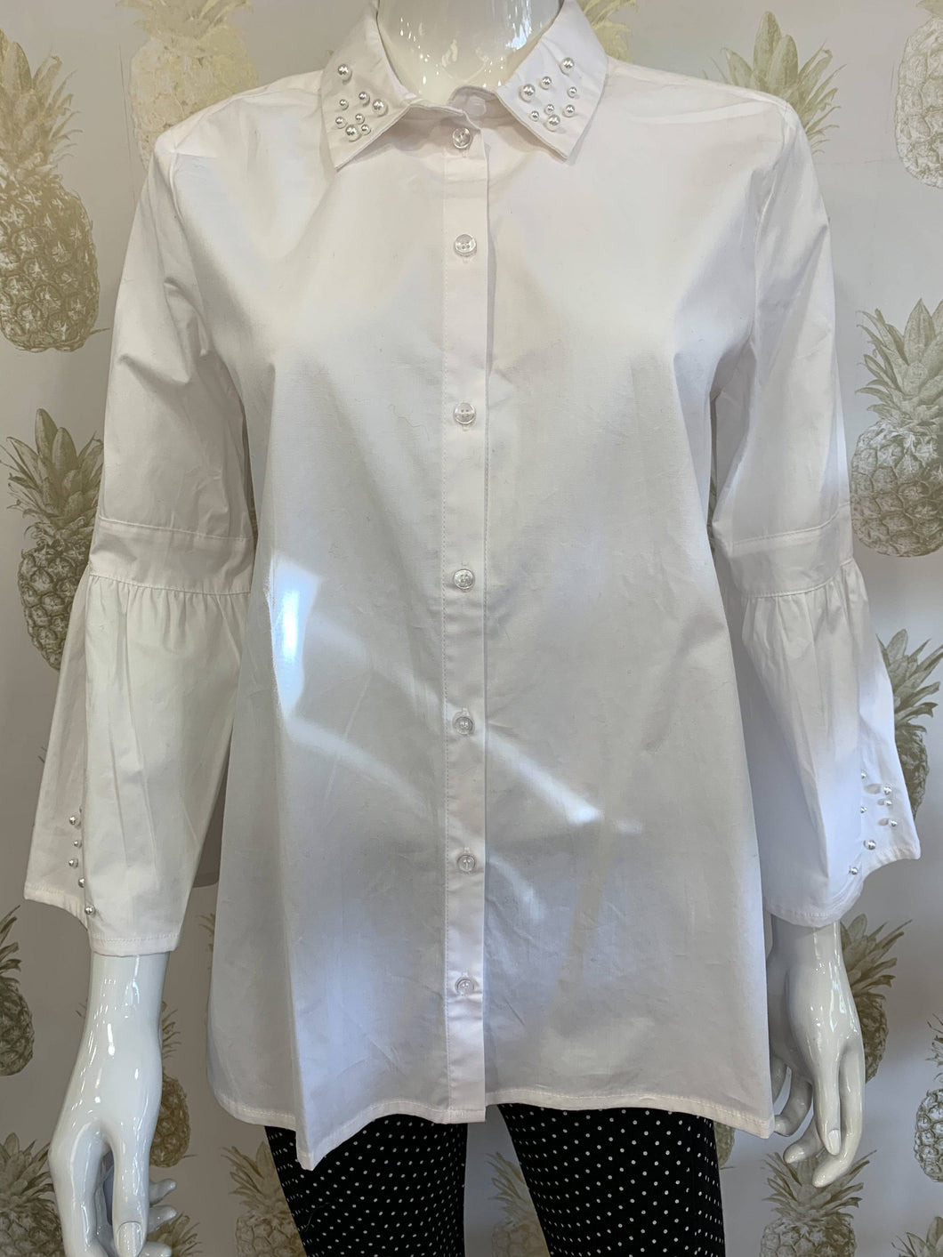 White woven long line shirt with pearl trim collar & fluted 3/4 sleeve with pearl trim