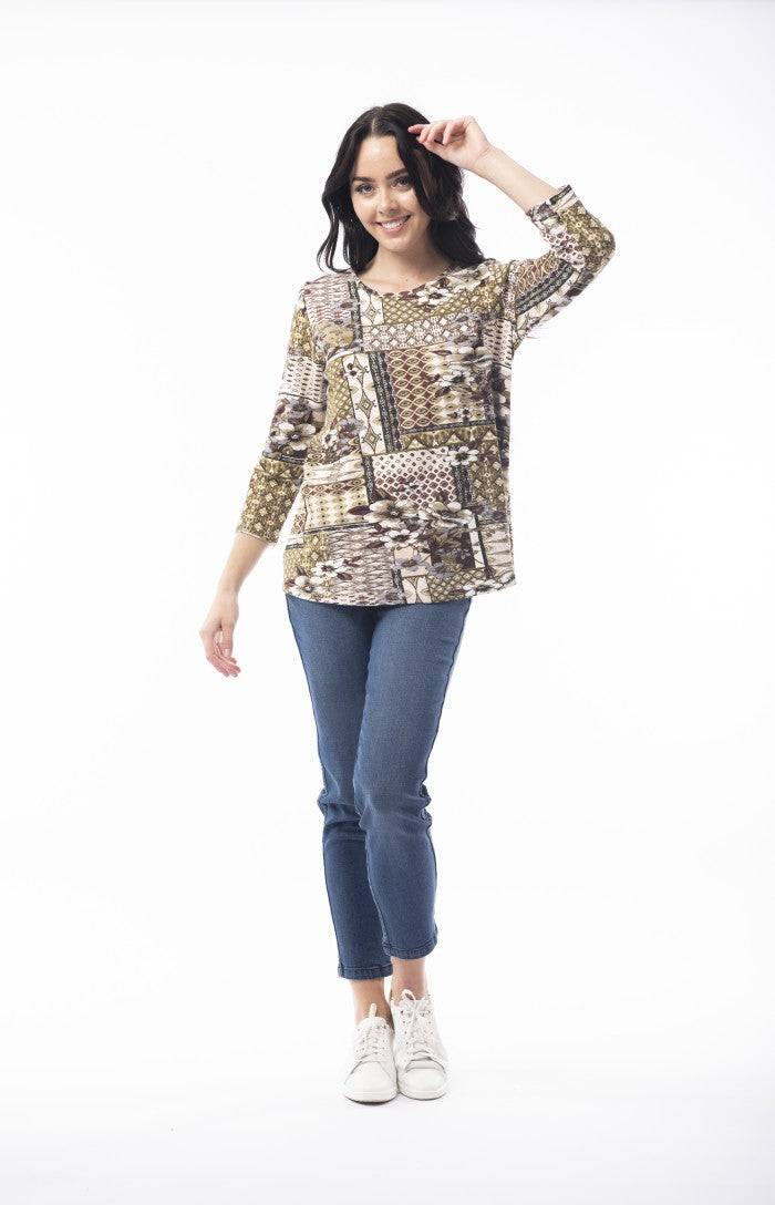 Orientique Zeus Olive Green Mix Jersey 3/4 Sleeve Contemporary Swing Top - Boutique on the Green 