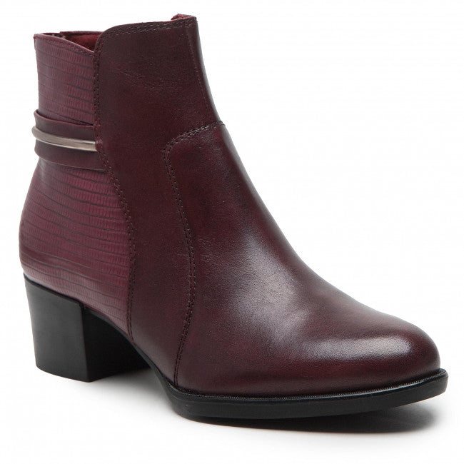 Tamaris Bordeaux Leather Heeled Ankle Boot With Moc Croc & Trim Detailing - Boutique on the Green 