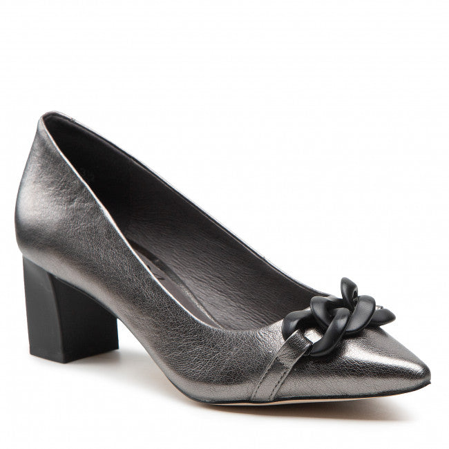 Caprice Leather Pewter Pointed Toe Block Heel Court Shoe With Chain Trim - Boutique on the Green 