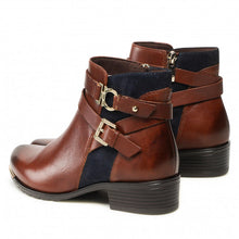 Load image into Gallery viewer, Caprice Leather &amp; Suede Cognac &amp; Navy Multi Strap Flat Ankle Boot - Boutique on the Green 
