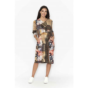 Orientique Isfahani Printed 3/4 Sleeve Bubble Dress With Pockets - Boutique on the Green