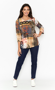 Orientique Isfahani Printed Stretch Jersey 3/4 Sleeve T-Shirt Top - Boutique on the Green