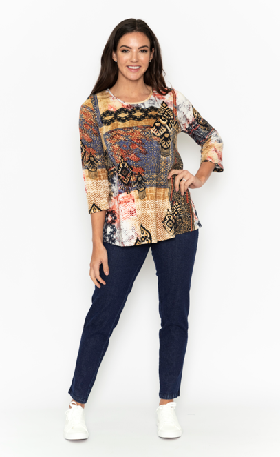 Orientique Isfahani Printed Stretch Jersey 3/4 Sleeve T-Shirt Top - Boutique on the Green